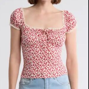 Lush Red Floral Blouse with Cream Accents